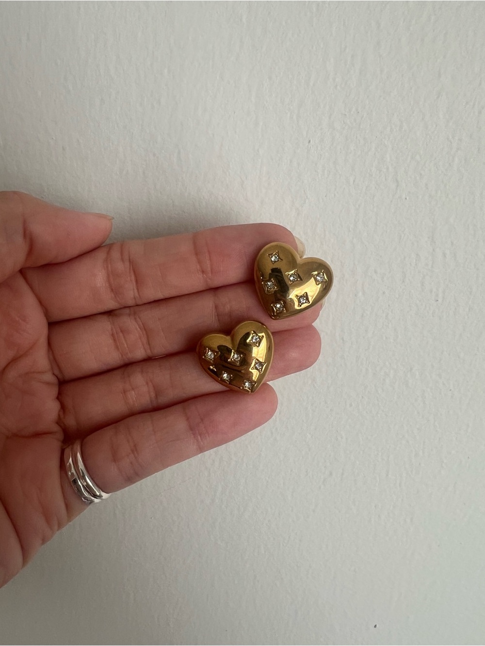 Gold Heart Stud Earrings with Crystal Accents
